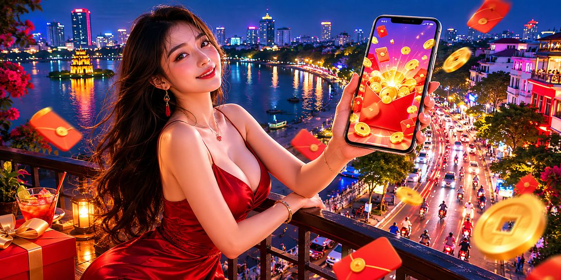 Người dùng nhận thưởng bao lì xì đỏ qua ứng dụng lv99 tại Hà Nội với ánh đèn neon